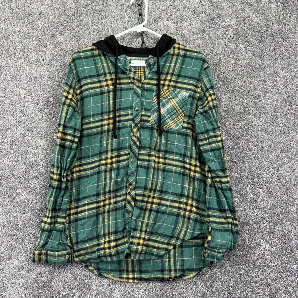 Maurices Shirt Womens Medium Green Plaid Hooded Flannel Long Sleeve Henley Top